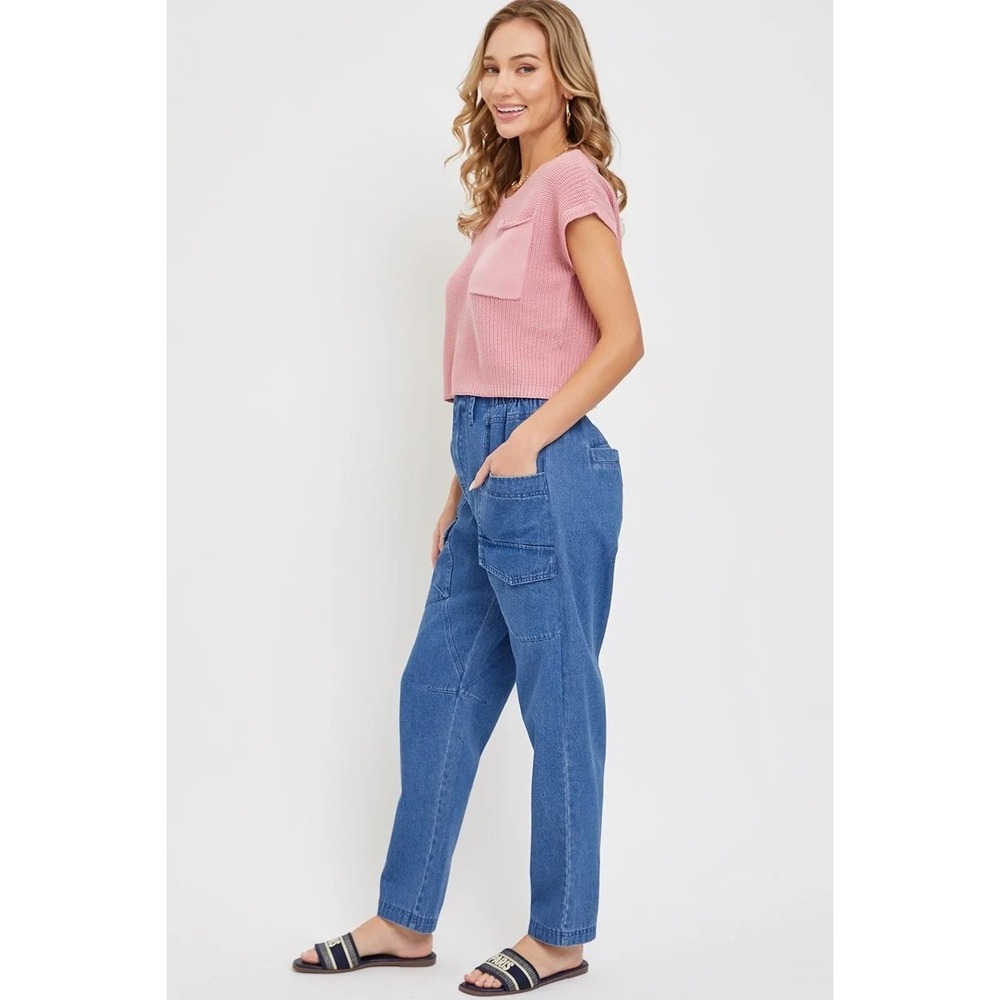 Polagram Cargo Jeans‎ Women L Blue New Elastic Waist Utility Tapered Denim - Picture 3 of 6